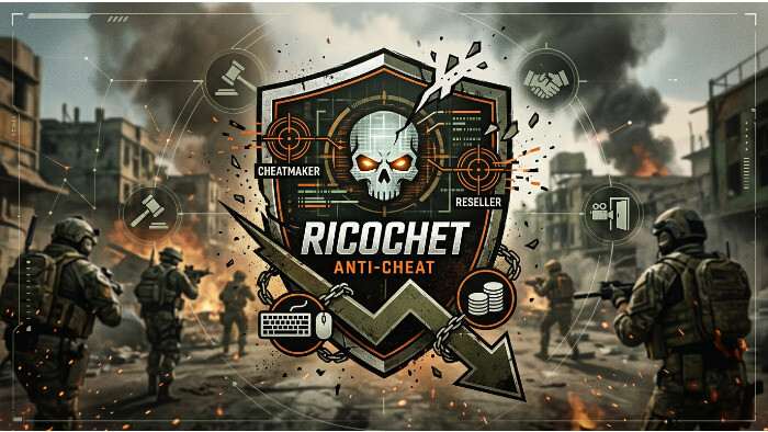 Warzone featured thumbnail met soldaat en RICOCHET anti-cheat thema rond Activision die cheatmakers thuis opzoekt