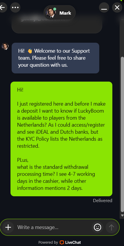 LuckyBoom casino live support