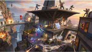 Apex Legends thumbnail met squad in gevecht rond hoge gebouwen, met focus op verticaliteit en zichtlijnen
