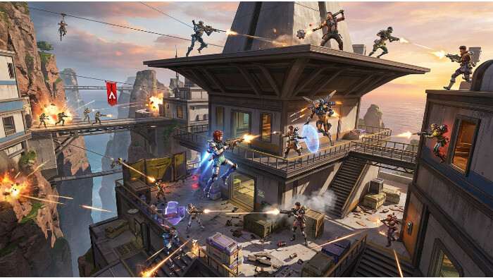 Apex Legends thumbnail met squad in gevecht rond hoge gebouwen, met focus op verticaliteit en zichtlijnen