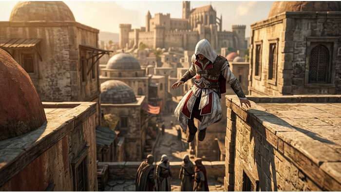 Assassin's Creed thumbnail met de iconische Assassin in witte kap, passend bij het verhaal over het per ongeluk ontstaan