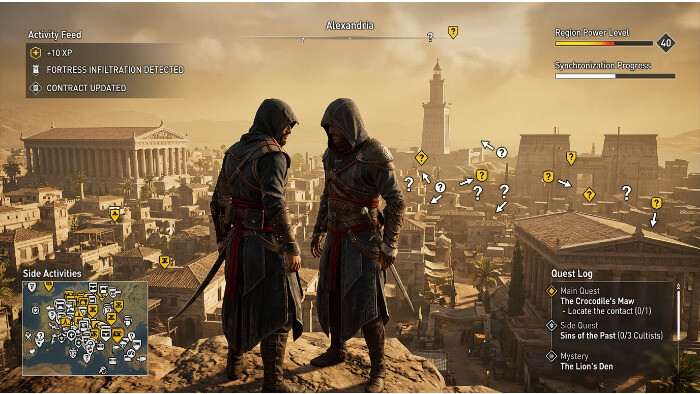 Featured thumbnail voor Assassin's Creed over schijnvrijheid, met een assassin-figuur en UI-elementen die richting geven