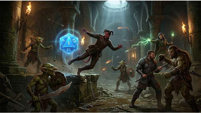Uitgelichte thumbnail voor Baldur's Gate 3 met dobbelstenen die de spanning van gevechten benadrukken