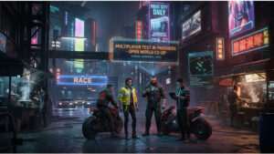 Cyberpunk 2077 thumbnail met neon stadsscene die de semi-publieke test van een multiplayer mod aankondigt