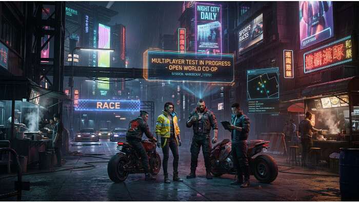 Cyberpunk 2077 thumbnail met neon stadsscene die de semi-publieke test van een multiplayer mod aankondigt