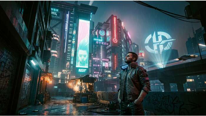 Cyberpunk 2077 thumbnail met Night City straatbeeld, passend bij spelen zonder minimap en op omgevingsgeluid letten