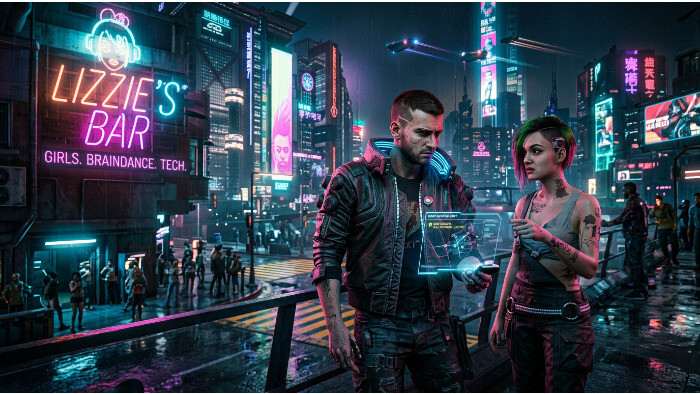 Cyberpunk 2077 thumbnail met neon sci-fi sfeer die de focus op zijmissies als kleine hoofdverhalen benadrukt