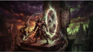 Diablo Immortal thumbnail over accounts te koop en server transfer als verkooptruc, met donkere fantasy achtergrond
