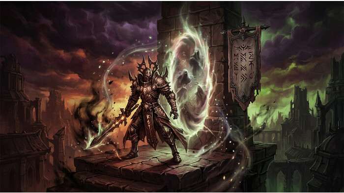 Diablo Immortal thumbnail over accounts te koop en server transfer als verkooptruc, met donkere fantasy achtergrond