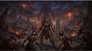 Diablo IV featured thumbnail met duistere personage, passend bij het onderwerp level scaling en progressie