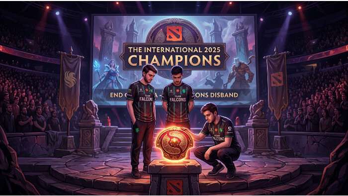 Dota 2 featured thumbnail over Team Falcons die na TI-winst vertrekt, met game-achtige achtergrond en titeloverlay