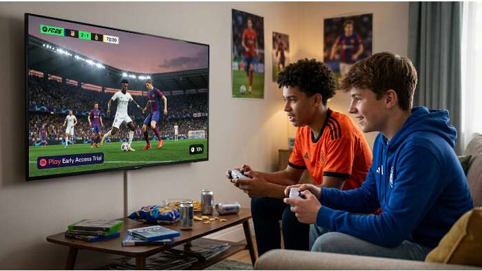Uitgelichte thumbnail voor EA Sports FC 25 met tekst over EA Play Early Access Trial voor EA Sports FC 27