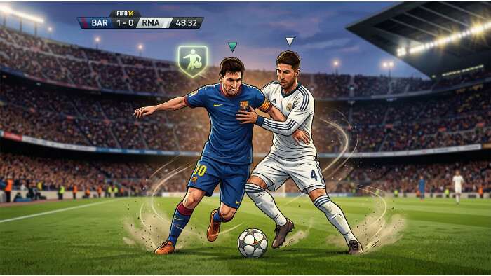 FIFA 14 featured thumbnail met voetballer in actie, passend bij analyse van respons, animaties en verdedigen