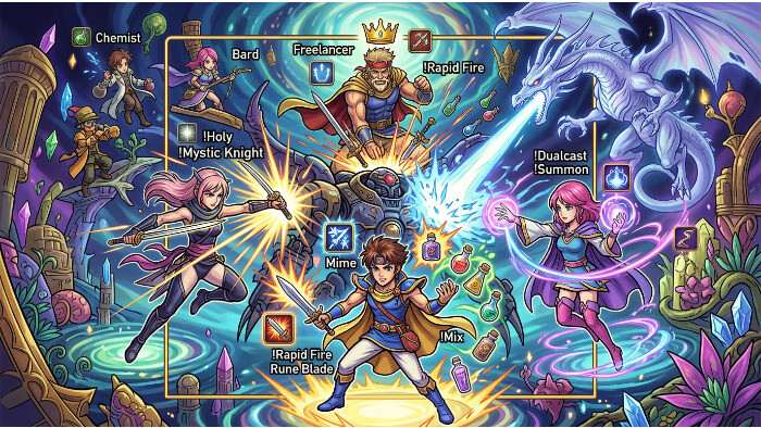 Final Fantasy V featured thumbnail with retro pixel character, highlighting the job system and build experimentation