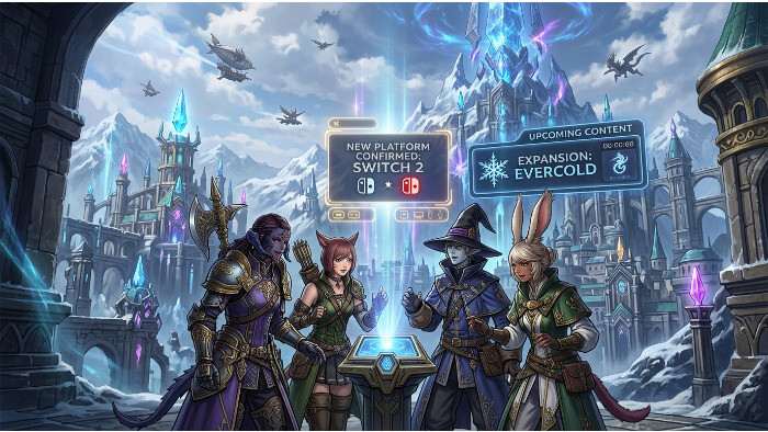 Featured thumbnail over Final Fantasy XIV met tekst over een mogelijke Switch 2 release die de community hype aanwakkert
