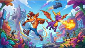 Fortnite featured thumbnail over de Crash en Spyro crossover met opvallende game art in de achtergrond