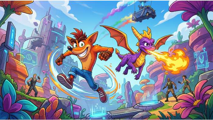 Fortnite featured thumbnail over de Crash en Spyro crossover met opvallende game art in de achtergrond