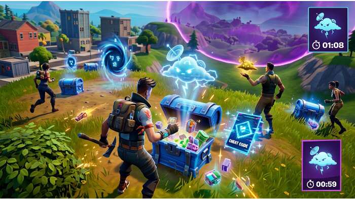 Fortnite featured thumbnail showing the Storm Scout Sprite hunt theme with bold game-style graphics