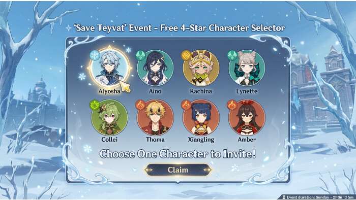Genshin Impact thumbnail voor versie 7.2 Save Teyvat-event met aankondiging van een gratis 4-star selector