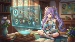 Genshin Impact uitgelichte thumbnail met personageportret en grafiekstijl die character ownership en populariteit visualiseert