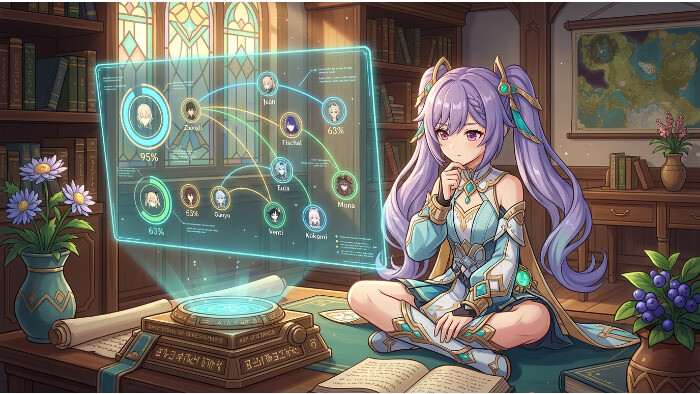 Genshin Impact uitgelichte thumbnail met personageportret en grafiekstijl die character ownership en populariteit visualiseert