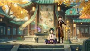 Genshin Impact featured thumbnail met personage en grafische tekst over wuxia en boeddhisme als cultuurkritiek