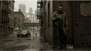 Vierkante featured thumbnail voor Grand Theft Auto IV met Liberty City sfeer in noir-stijl