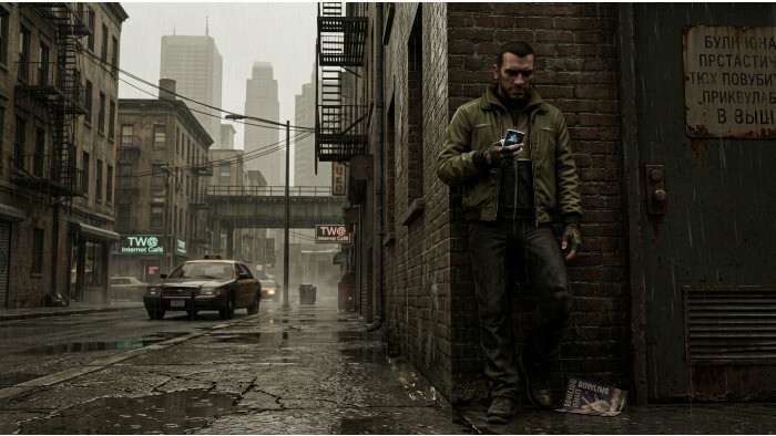 Vierkante featured thumbnail voor Grand Theft Auto IV met Liberty City sfeer in noir-stijl