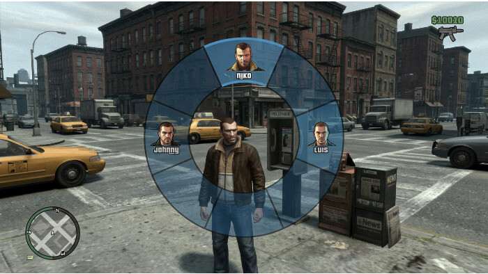 Uitgelichte thumbnail van Grand Theft Auto IV met een mod die het switch-wiel uit GTA V nabootst