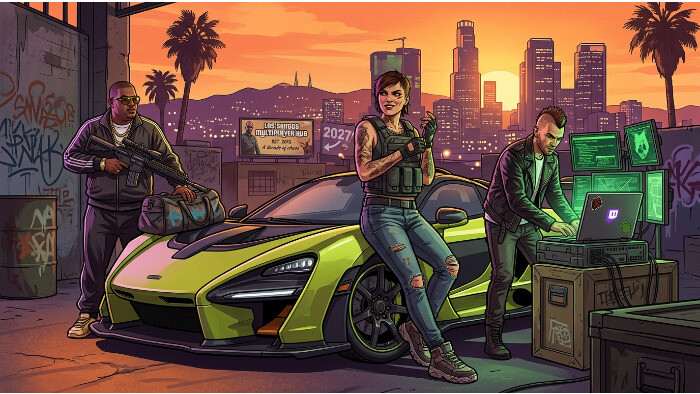 Uitgelichte thumbnail over Grand Theft Auto Online met focus op GTA 6 multiplayer die volgens Twitch-CEO pas in 2027 komt