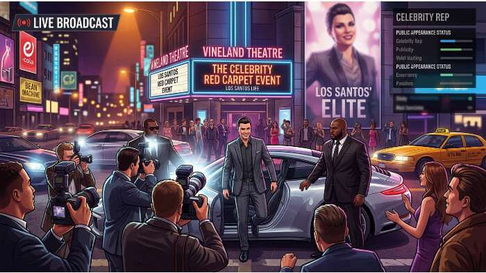 Grand Theft Auto V featured thumbnail over de GTA 5-mod 'Become a celebrity' met een stadsachtergrond