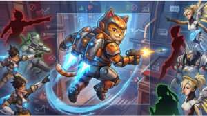 Overwatch 2 thumbnail met Jetpack Cat en vurige sfeer die de ophef in de community uitbeeldt