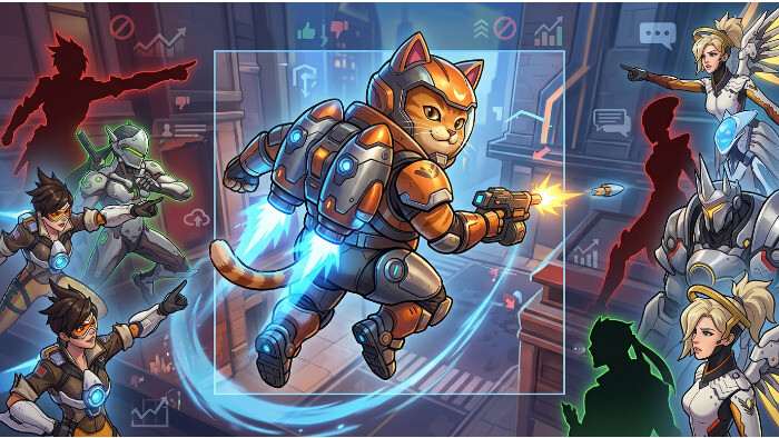 Overwatch 2 thumbnail met Jetpack Cat en vurige sfeer die de ophef in de community uitbeeldt