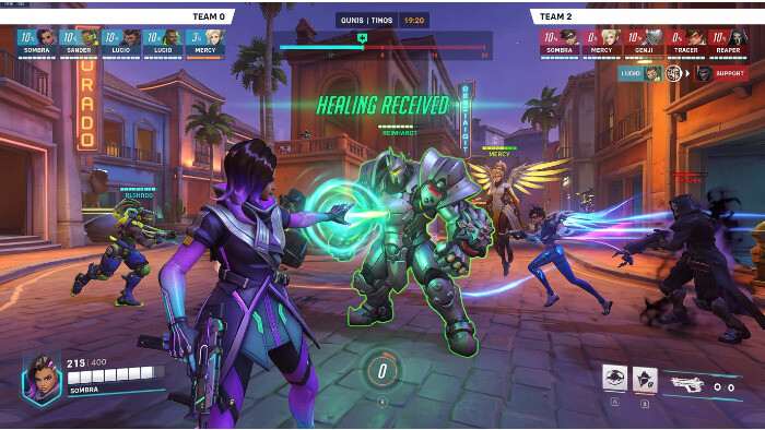 Overwatch 2 featured thumbnail over Sombra die naar Support wisselt, met felle paarse game-stijl en titeltekst
