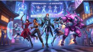 Overwatch uitgelichte thumbnail over de derde LE SSERAFIM-collab met zes nieuwe skins