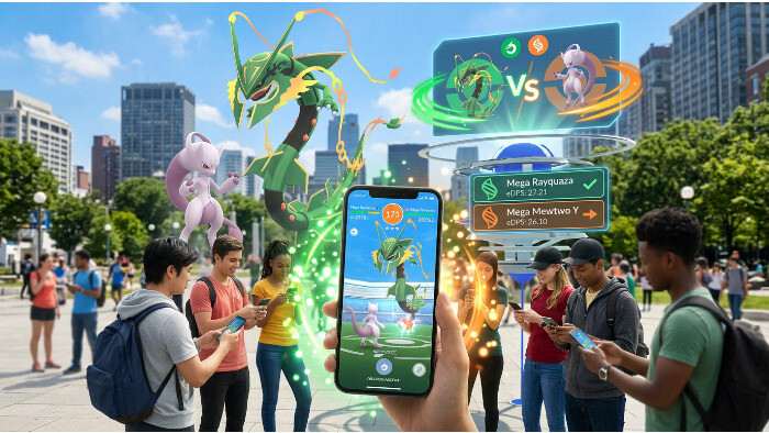Pokémon GO featured thumbnail met Mega Rayquaza en de tekst over Dittobase die de raid-meta herschrijft