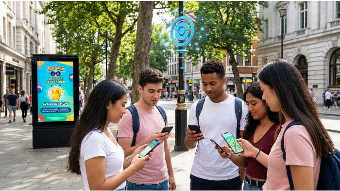 Pokémon GO featured thumbnail over de uitrol van de september Pass, met een Pokemon GO-stijl achtergrond