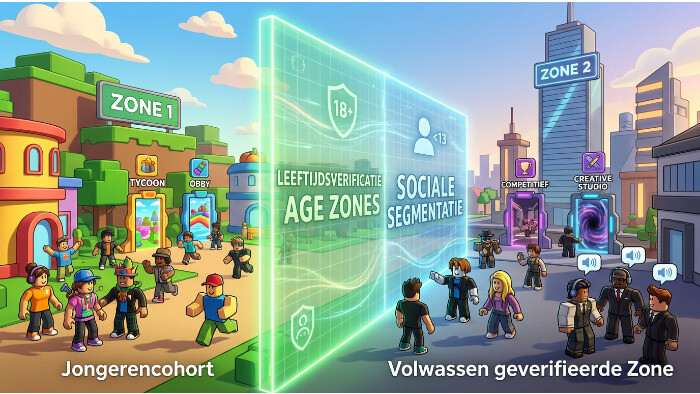 Roblox featured thumbnail met gesplitste age zones die de sociale laag en chattoegang visualiseren