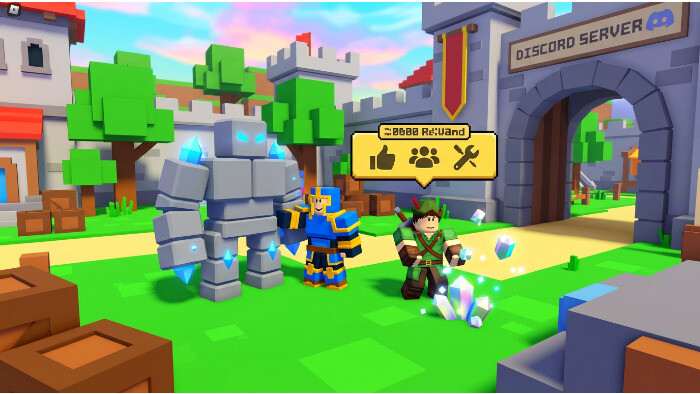 Roblox thumbnail voor Build Golems and Fight met de tekst 'nieuwe codes' en Discord-hype als thema