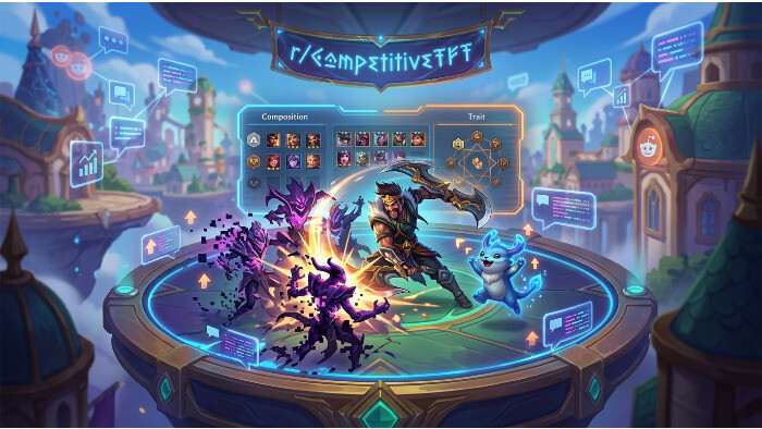 Teamfight Tactics thumbnail over Set 18 meta, met CompetitiveTFT en Reddit als thema