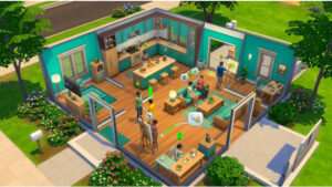 The Sims 4 uitgelichte thumbnail met Sim in interieur en bouwmodus, passend bij gelijkvloers bouwen als tactiek