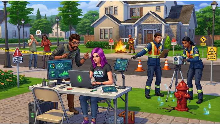 The Sims 4 featured thumbnail over mods, met Sims-figuur en titel over het nabouwen van noodscenario's