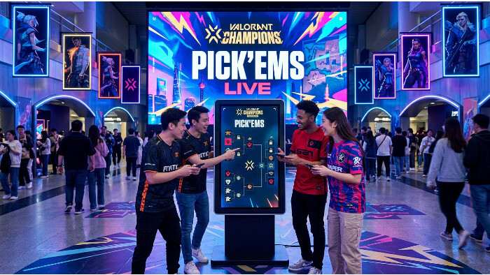 Valorant Champions Pick'Ems thumbnail met Valorant branding en titel over community voorspellingen