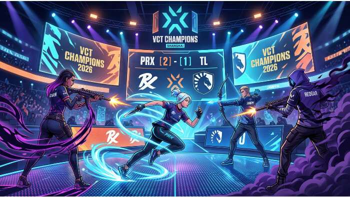 Valorant featured thumbnail over Paper Rex tegen Team Liquid, met esports sfeer rond Champions 2026
