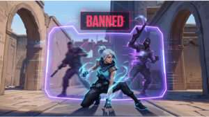 Valorant featured thumbnail met agent en tekst over Riot die 300.000 accounts bant voor ranked boosting