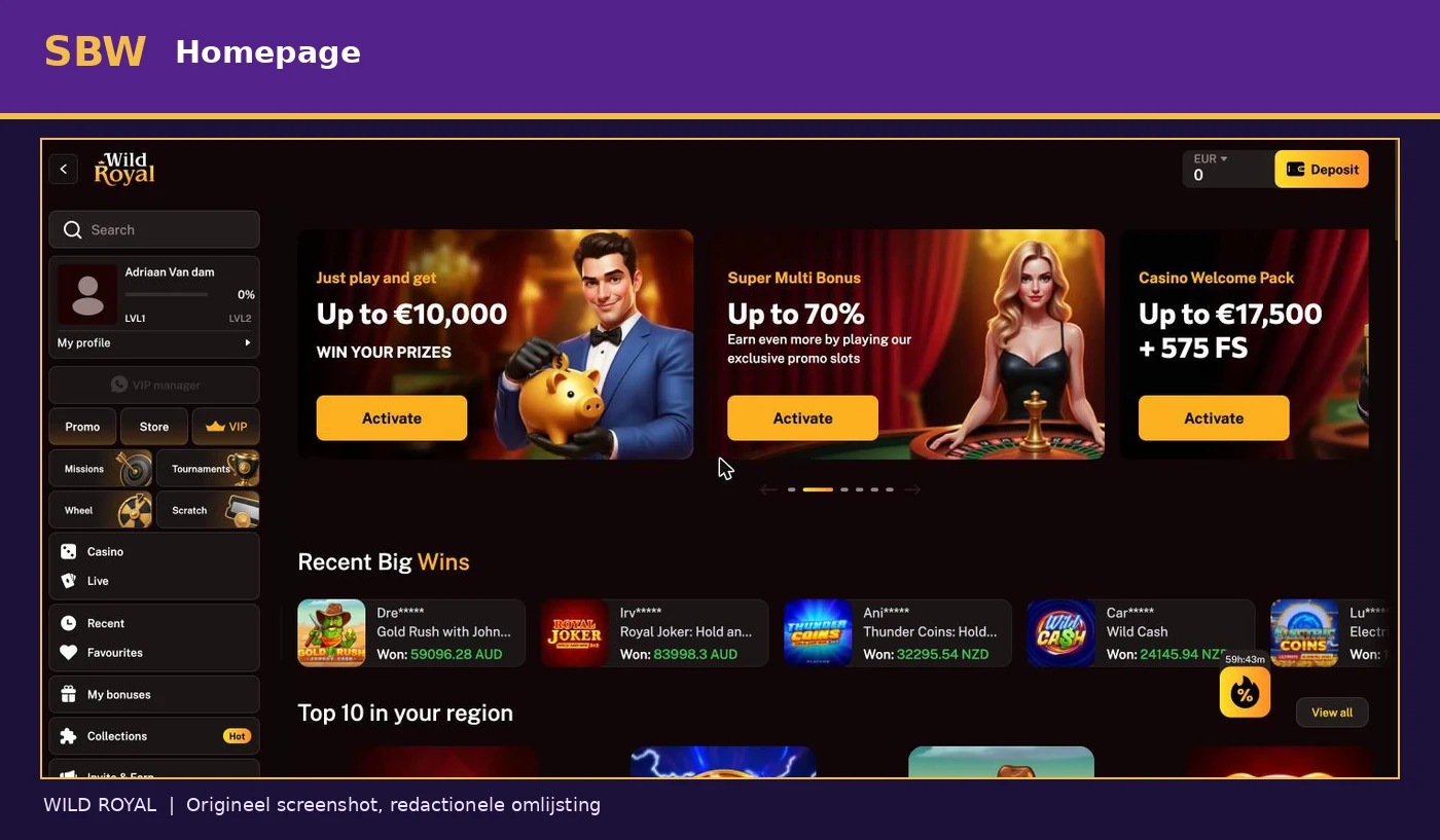 Ingelogde homepage van Wild Royal Casino met promoties en spellobby
