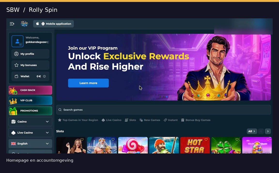 Ingelogde homepage van Rolly Spin Casino