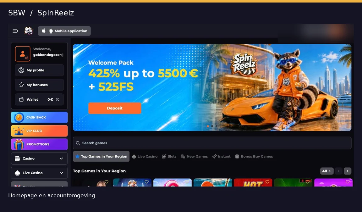 SpinReelz Casino homepage na het inloggen