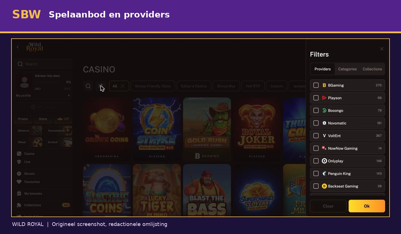 Wild Royal spellobby met categorieën en providerfilter