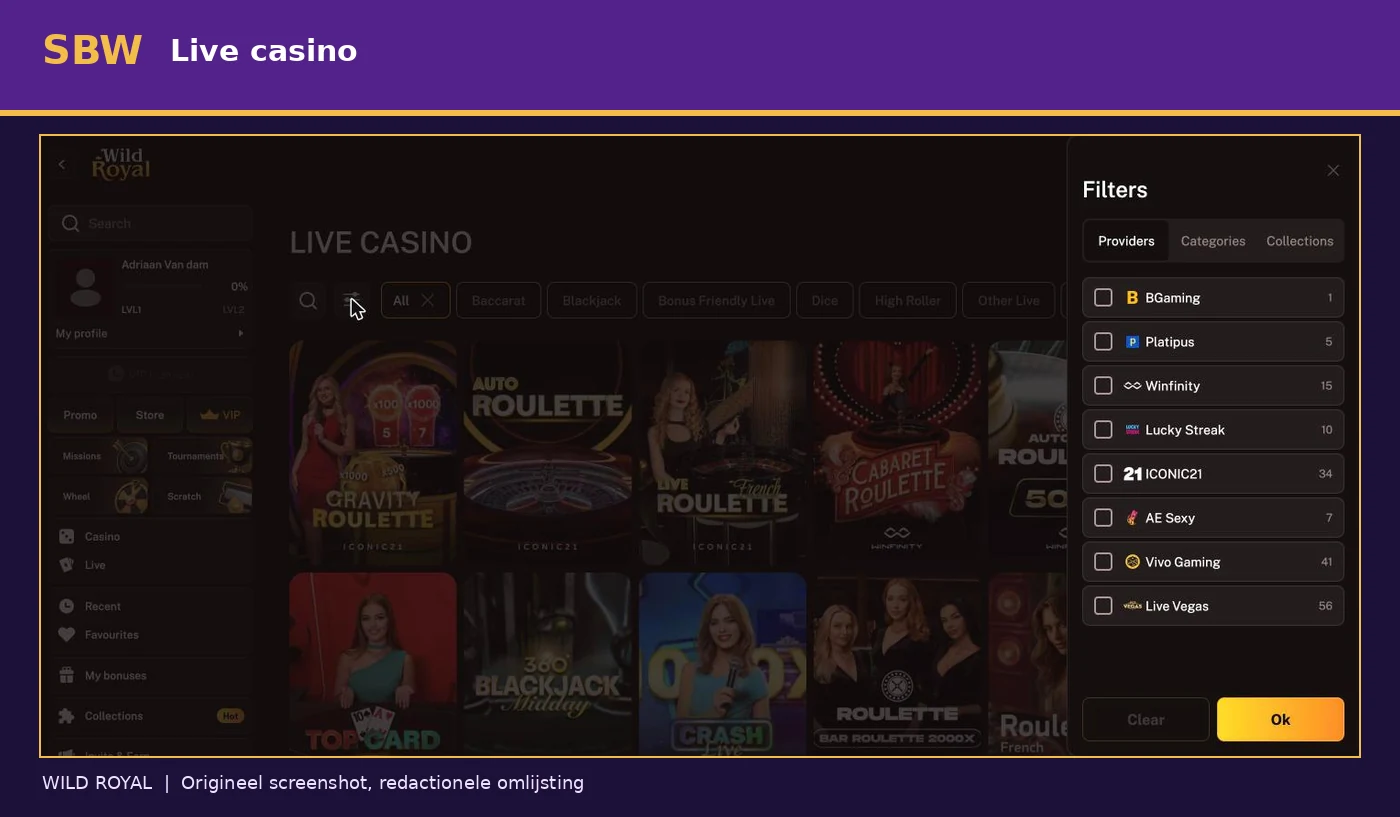 Live casino van Wild Royal met zichtbare spelproviders